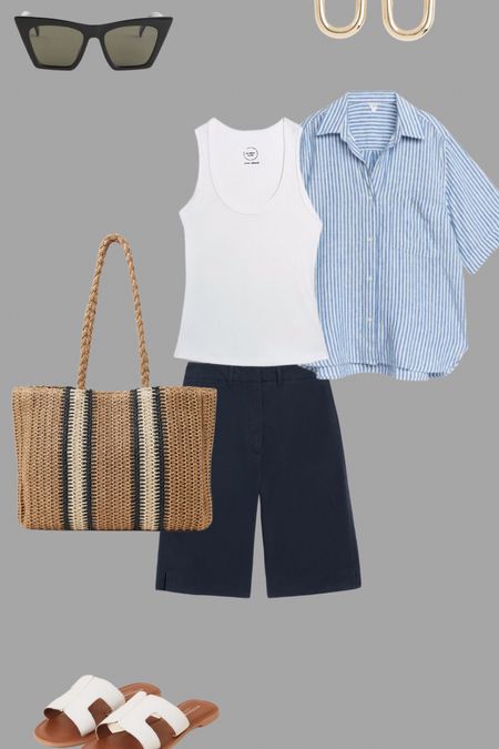 Bermuda navy shorts with a simple white vest and blue striped linen shirt. Add a striped raffia bag, white leather sandals and simple gold hoop earrings