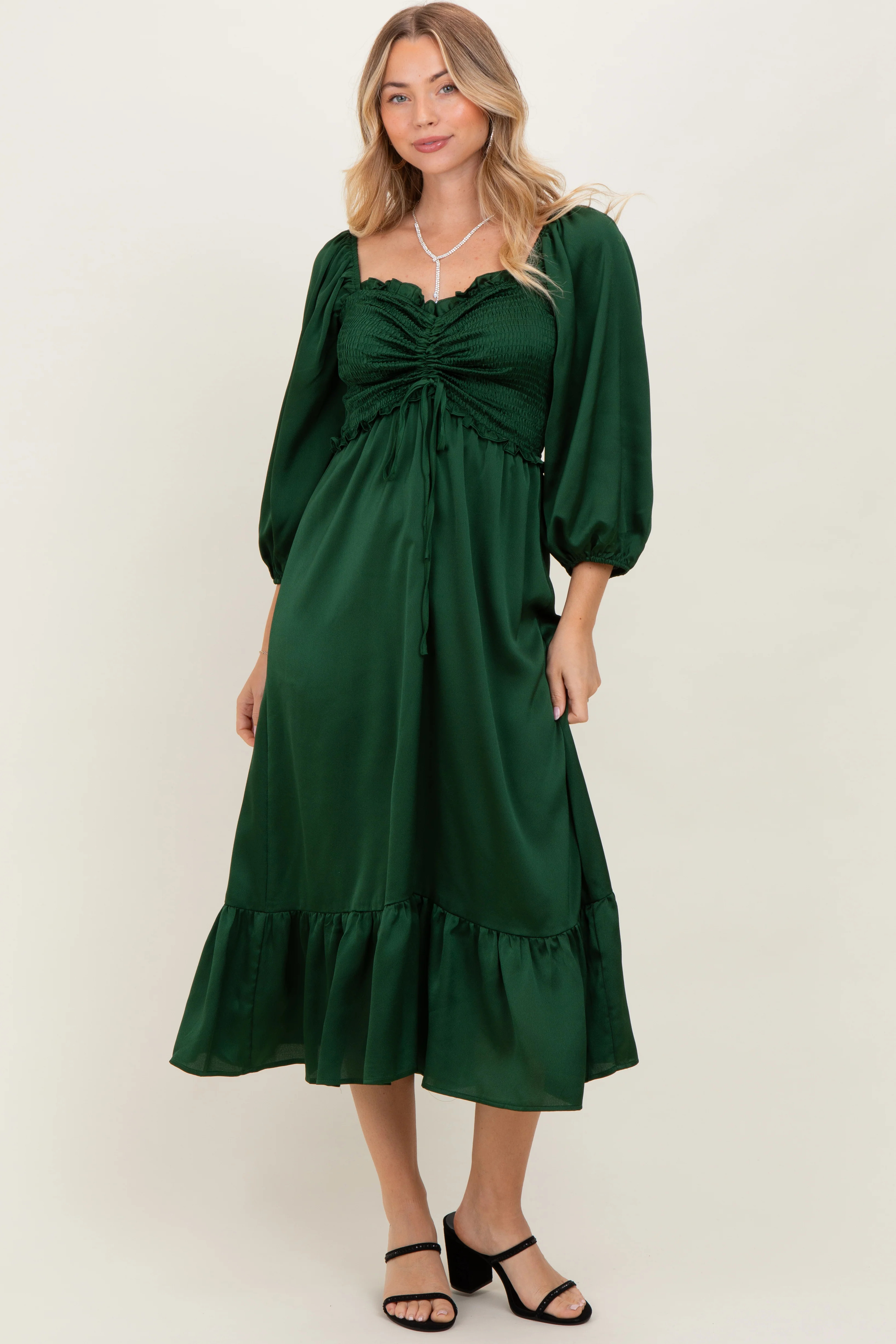 Green Satin Smocked Cinched Bust Midi Dress | PinkBlush Maternity