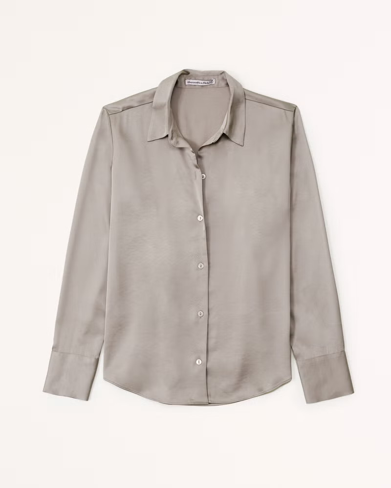 Abercrombie & Fitch Women's Long-Sleeve Satin Button-Up Shirt in Taupe - Size L | Abercrombie & Fitch (US)