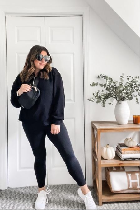 Comfy, casual and on the go! 

Sweatshirt is a small 
Leggings are an medium
Sneakers fit true to size