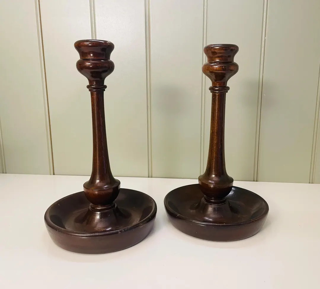 Vintage Pair Hand Turned Brown Wooden Taper Candle Stick Holders. Rustic Boho. 70's - Etsy | Etsy (US)