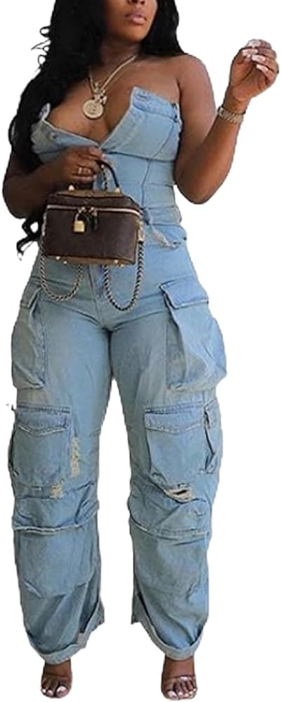 Tbahhir Women's Sexy Off Shoulder Tube Denim Cargo Jumpsuits Wide Leg Baggy Loose Jean Pants Romp... | Amazon (US)