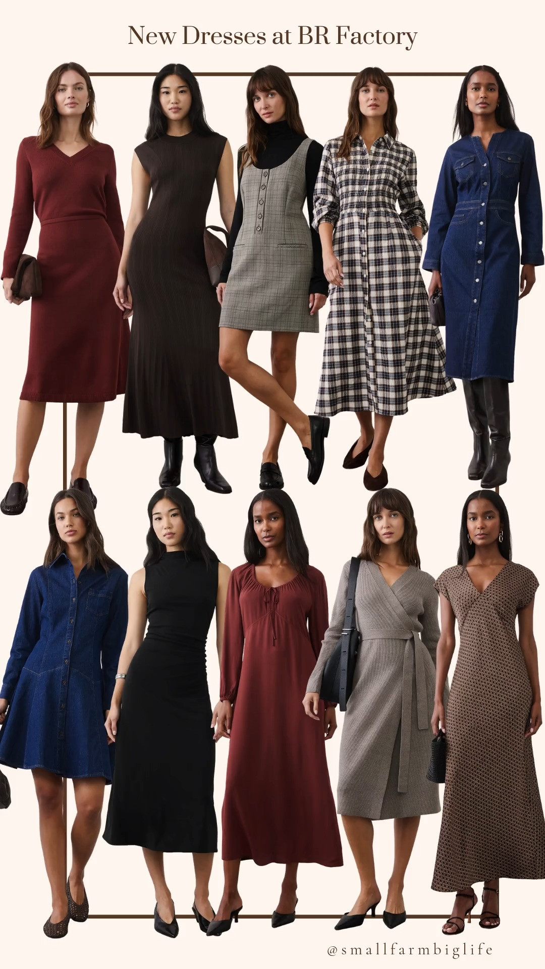 🍂 New Dresses at BR Factory

Everything at Banana Republic Factory is 50% off right now, which makes it a great time to pick up new fall dresses. For cozy sweater dresses, there's a deep brick long sleeve V neck midi, a ribbed wrap sweater midi, a dark chocolate sleeveless ribbed mock neck maxi, and a black sleeveless ribbed maxi that layers well under a cardigan or blazer. Denim dresses are big this fall, and there are two in a blue rinse wash: a long sleeve seamed utility midi and an above the knee shirt style. Plaid fans will love the brown, cream, and navy smocked midi dress and the grey plaid menswear mini shift dress, which looks great with tights and boots. The brown geometric print flutter sleeve maxi and the deep brick cinched scoop neck midi round it out, and both work for date night, a fall wedding, or Thanksgiving dinner. Midi and maxi lengths with long sleeves make these easy fall outfits for women over 50.

#bananarepublicfactory #falldresses #sweaterdress #fallfashion #falloutfits 

 #LTKootd #LTKOver40 #LTKWorkwear