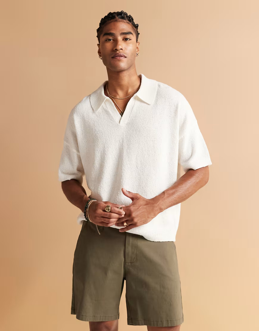 ASOS DESIGN oversized textured knitted notch neck polo in off white-Neutral | ASOS (Global)