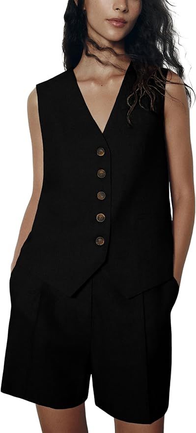 Athlisan Womens Two Piece Outfits Casual Bussiness Vest Sleeveless V Neck Button Front Waistcoat ... | Amazon (US)