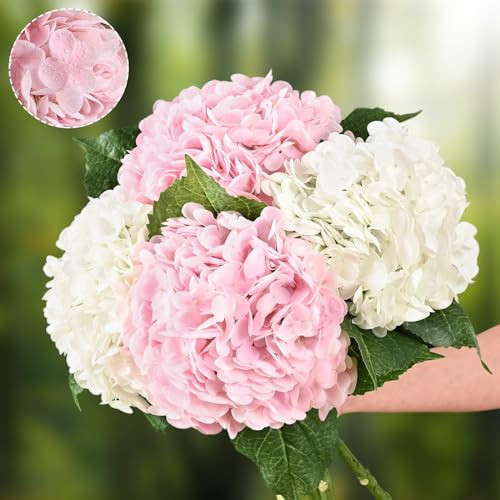 Waipfaru 4Pcs Real Touch Hydrangea Artificial Flowers, Pink & White Fake Hydrangea Flowers, 21" Lifelike Latex Faux Hydrangea Flowers for Wedding Bouquet Home Decor Centerpieces | Amazon (US)