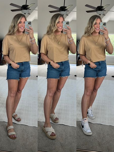 One of my fav denim shorts just restocked!!! Sized up 1 to the 30. So flattering and comfy. Don’t ride up under thighs. 🤌🏼 
Fave oversized cropped tee. So soft and comfy. TTS - M 
Different shoes for casual looks! 

Casual spring summer mom outfits slide sandals high top sneakers platform wedges slide 


#LTKunder50 #LTKstyletip #LTKFind