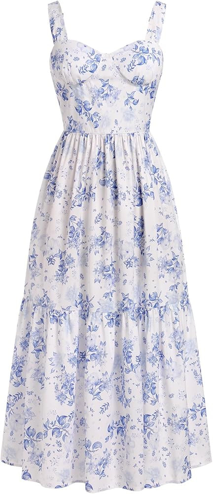 Women Floral Corset Dress Cottagecore Tiered Dress Sleeveless Bustier Dress Summer Flowy Spaghett... | Amazon (US)