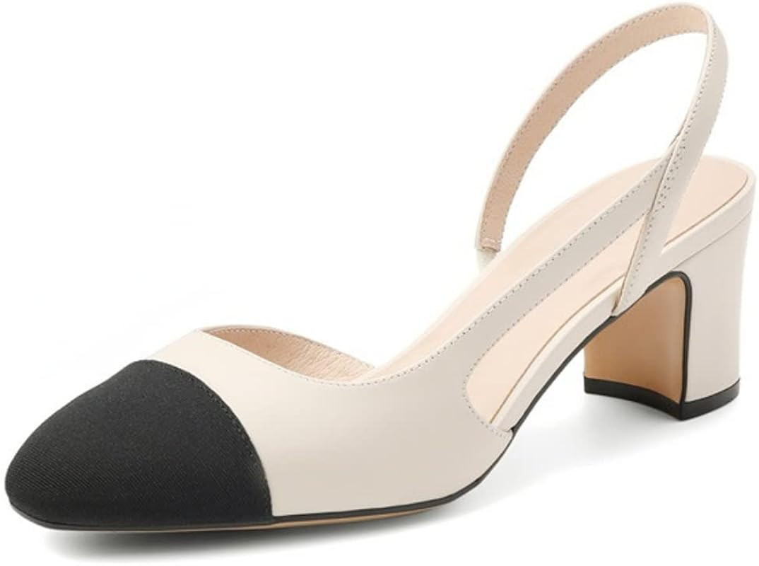 MICIFA Slingback Heels for Women，Round Toe Chunky Heeled Pumps Ankle Strap Fashion Splicing Dre... | Amazon (US)