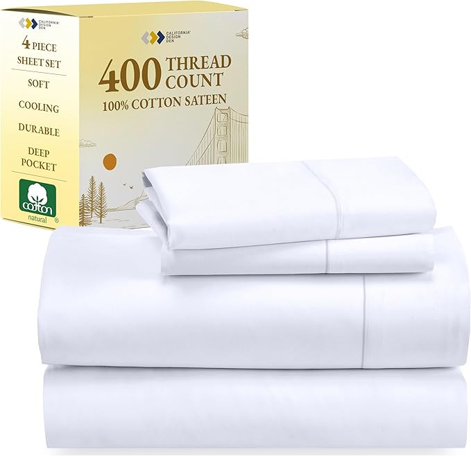California Design Den King Size Sheets Set - Soft 400 Thread Count Sateen, Natural 100% Cotton Sh... | Amazon (US)