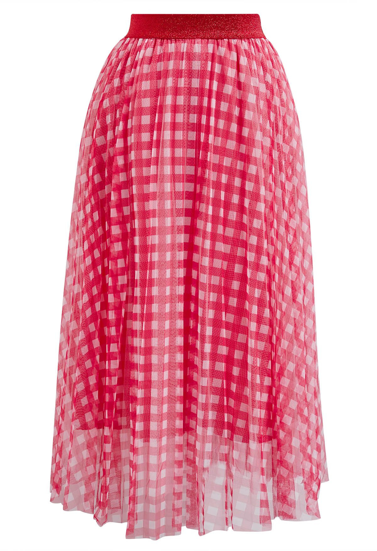 Gingham Print Mesh Tulle Midi Skirt in Red | Chicwish