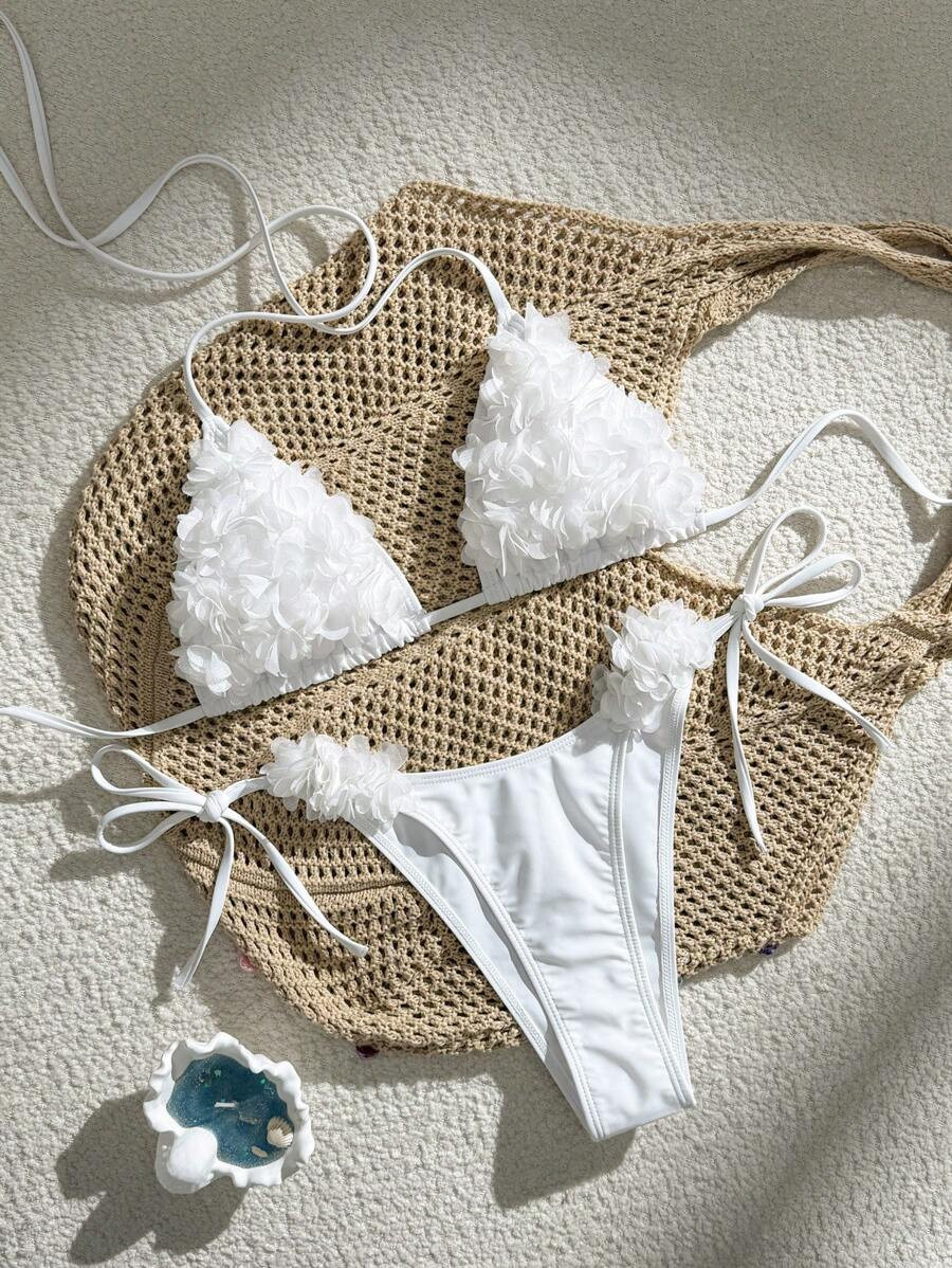 SHEIN Swim 2pcs Women Elegant Solid Color Halter Spaghetti Strap Swimwear With 3D Floral Decor, B... | SHEIN