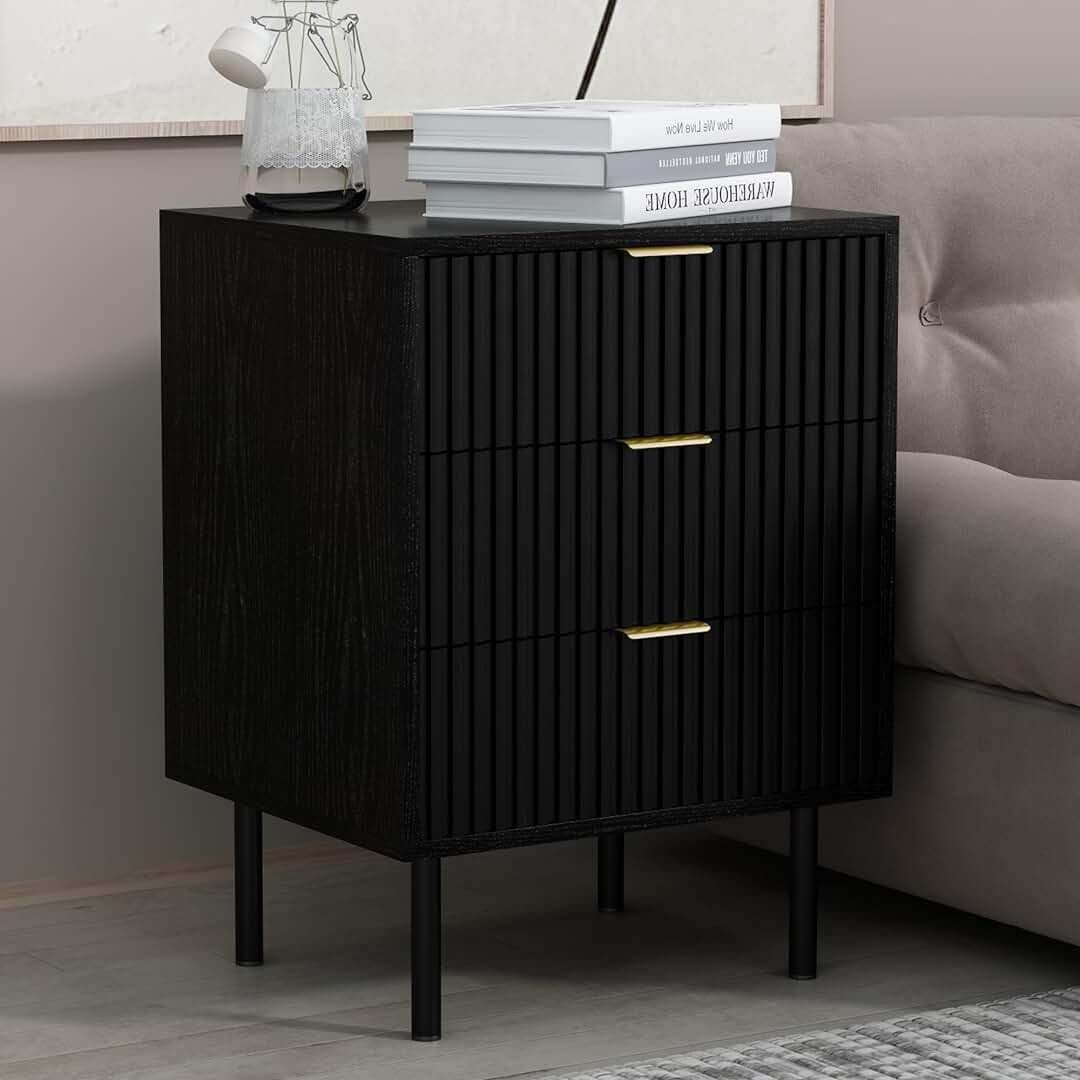 Fluted Black Nightstand 3 Drawers, 19" Small Bedroom 26" Tall Bedside Night Stand, Mid Century Modern Bed Side Couch End Table Living Room, Light Gold Handle | Amazon (US)