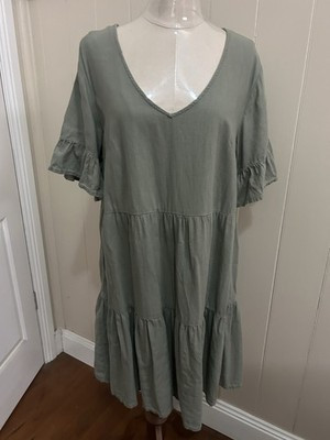 🌿ANKO sage green linen/cotton loose fit tiered dress - 10 | eBay AU
