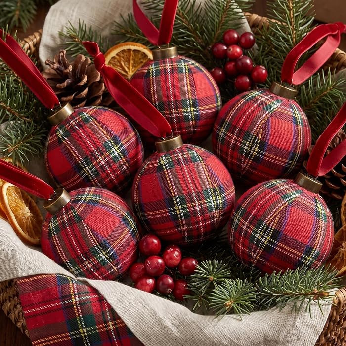18 Pcs Tartan Plaid Christmas Tree Ornaments, Xmas Hanging Balls | Amazon (US)