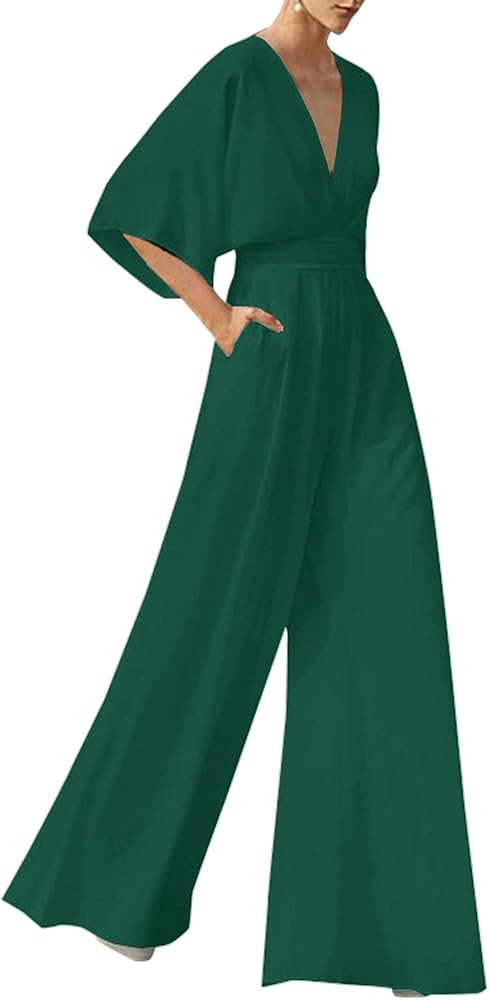 Umenlele Women's V Neck Short Sleeve High Waist Wide Leg Jumpsuits One Piece Casual Outfits | Amazon (US)