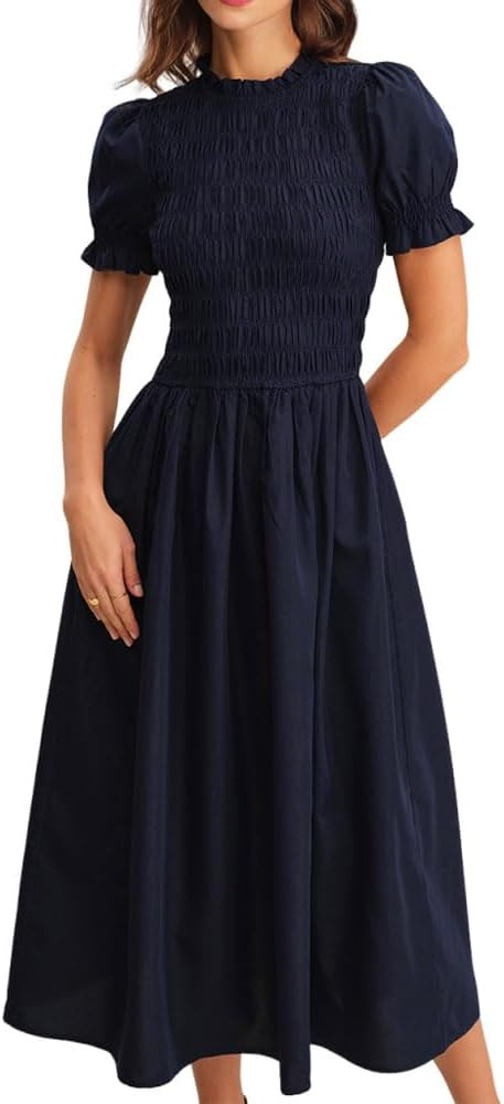 RIHOAS Women Shirred A-Line Midi Dress Summer Dresses Puff Short Sleeve Smocked Flowy Ruffle Boho... | Amazon (US)