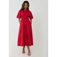 Threadbare Elasticated Waist Pure Cotton Midi Dress in Red | Threadbare UK