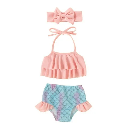 Baby Girl Swimwear Ruffled Baby Swimsuit Two Piece Baby Mermaid Bikini Toddler Beach Swim With Headb | Walmart (US)