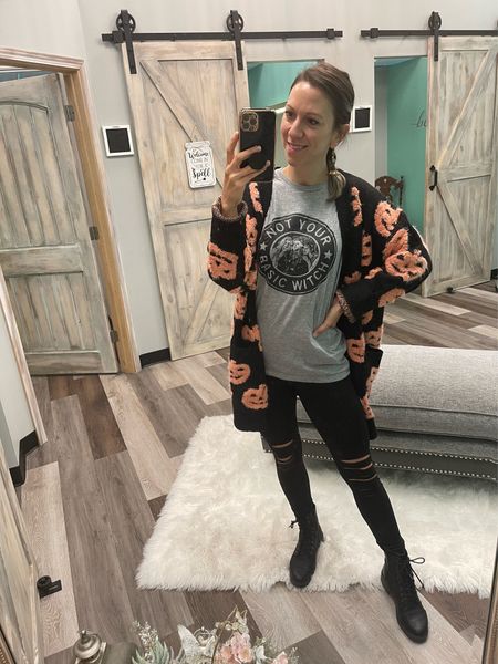 Another day, another Halloween shirt 🎃 complete with a pumpkin cardigan! Linked similar tee and sweater. Absolutely love this time of year with all the comfy layers. 

Let’s be friends 🤍 Insta @suttonstyleblog

Fall
Boots
OOTD
Witch
Affordable 

#LTKshoecrush #LTKSeasonal #LTKHalloween