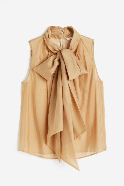 Sheer tie-neck blouse - Beige - Ladies | H&M GB | H&M (UK, MY, IN, SG, PH, TW, HK)