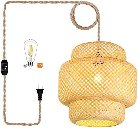 Plug in Pendant Light Rattan Hanging Lights with Plug in Cord Bamboo Hanging Lamp Dimmable,Handma... | Amazon (US)