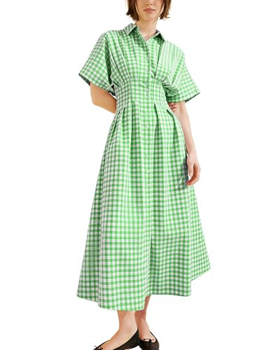 Yeokou Women Plaid Shirt Dress Short Sleeve Button Down Pleated Gingham A Line Maxi Dresses Casua... | Amazon (US)