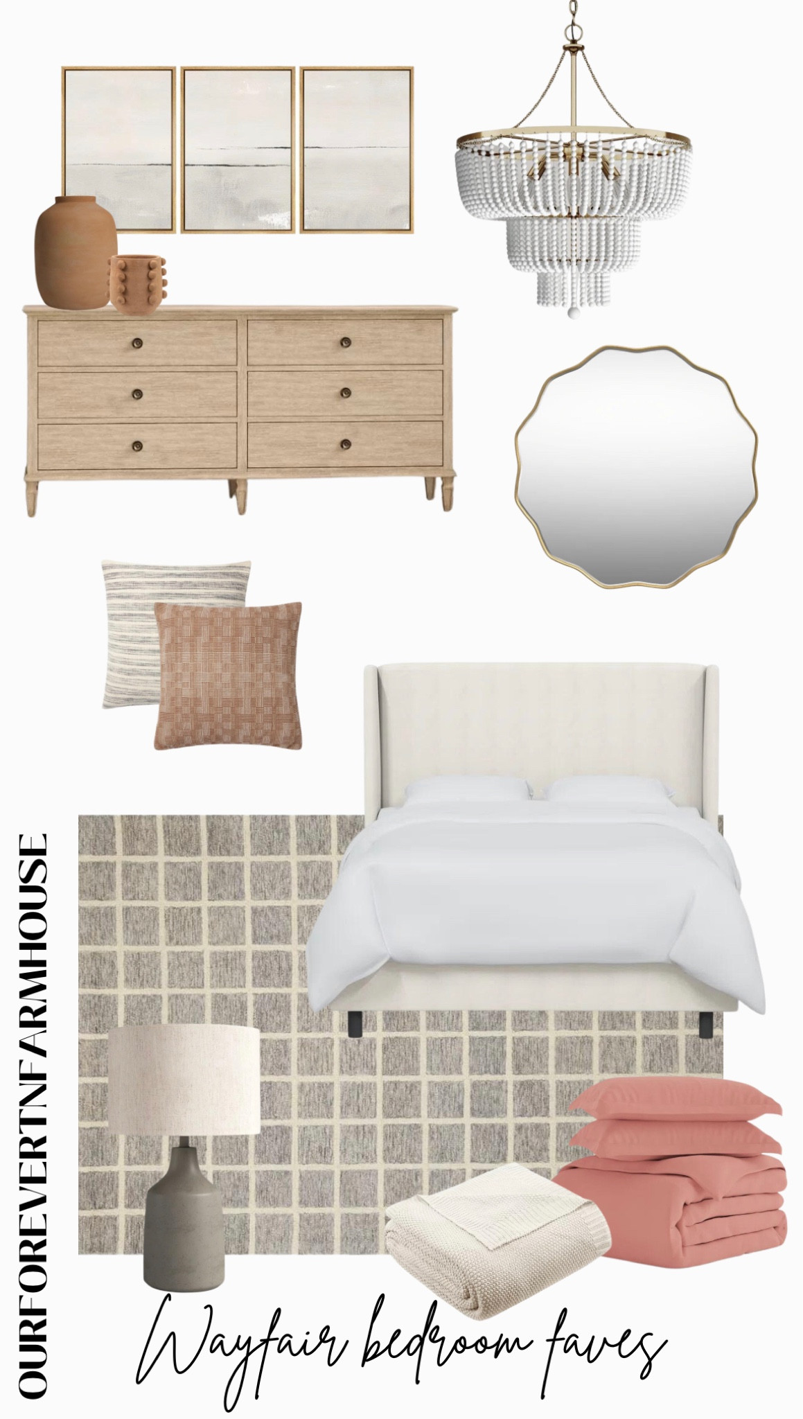 Wayfair bedroom home finds. Neutral with a pop of terracotta. Upholstered bed. Light wood dresser. Scallop mirror. Loloi rug

#LTKhome