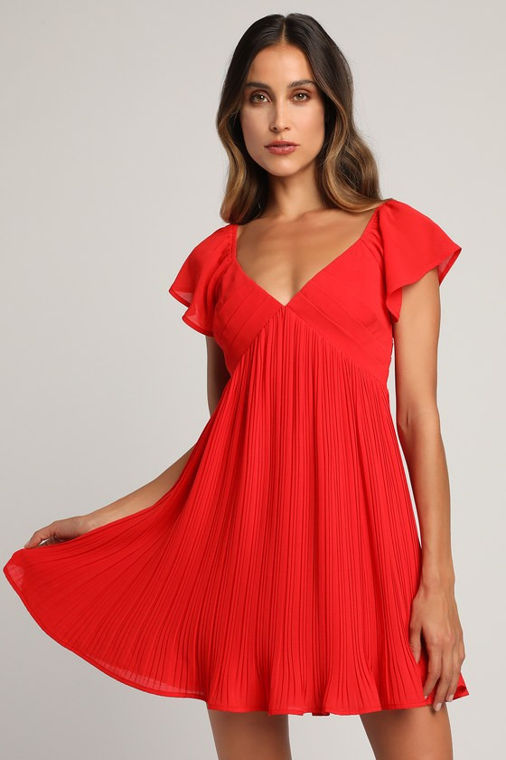 Amalfi Coast Red Pleated Flutter Sleeve Mini Dress | Lulus