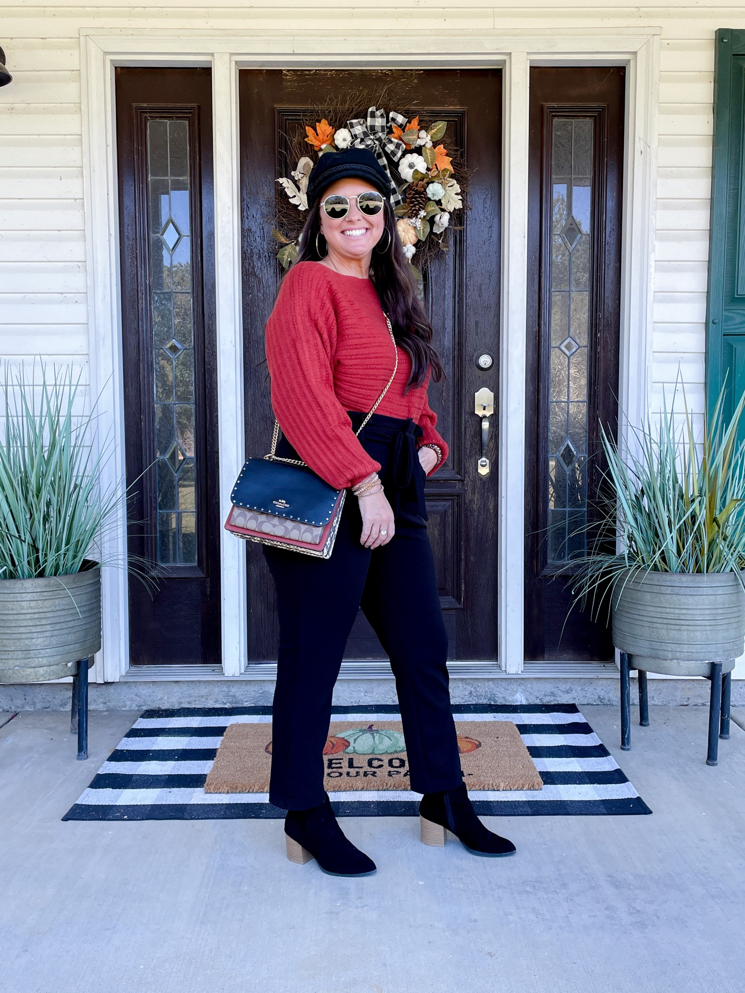 One of my favorite things about fall fashion is hats 🤗🍁🍂 this cute bakers boy cap fits even my small head! Everything else is TTS, and my purse is on sale $20 off!!!

Tags:
Amazon fall fashion
Amazon fall fit
Amazon fall outfit
Amazon sweater
Amazon fall too
Amazon pants
Amazon workwear
Amazon hat
Amazon bakers boy cap
Amazon sunglasses
Sojos sunglasses
Coach bag
Coach handbag
Coach crossbody
DSW booties
DSW boots
Black and Tan boots


#LTKunder50 #LTKSeasonal #LTKsalealert