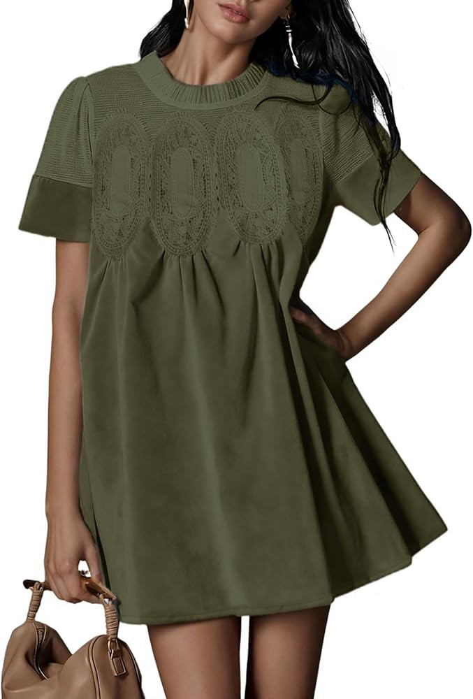 Athlisan Womens Faux Suede Mini Dress Lace Patchwork Short Sleeve Crew Neck A Line Babydoll Dress... | Amazon (US)