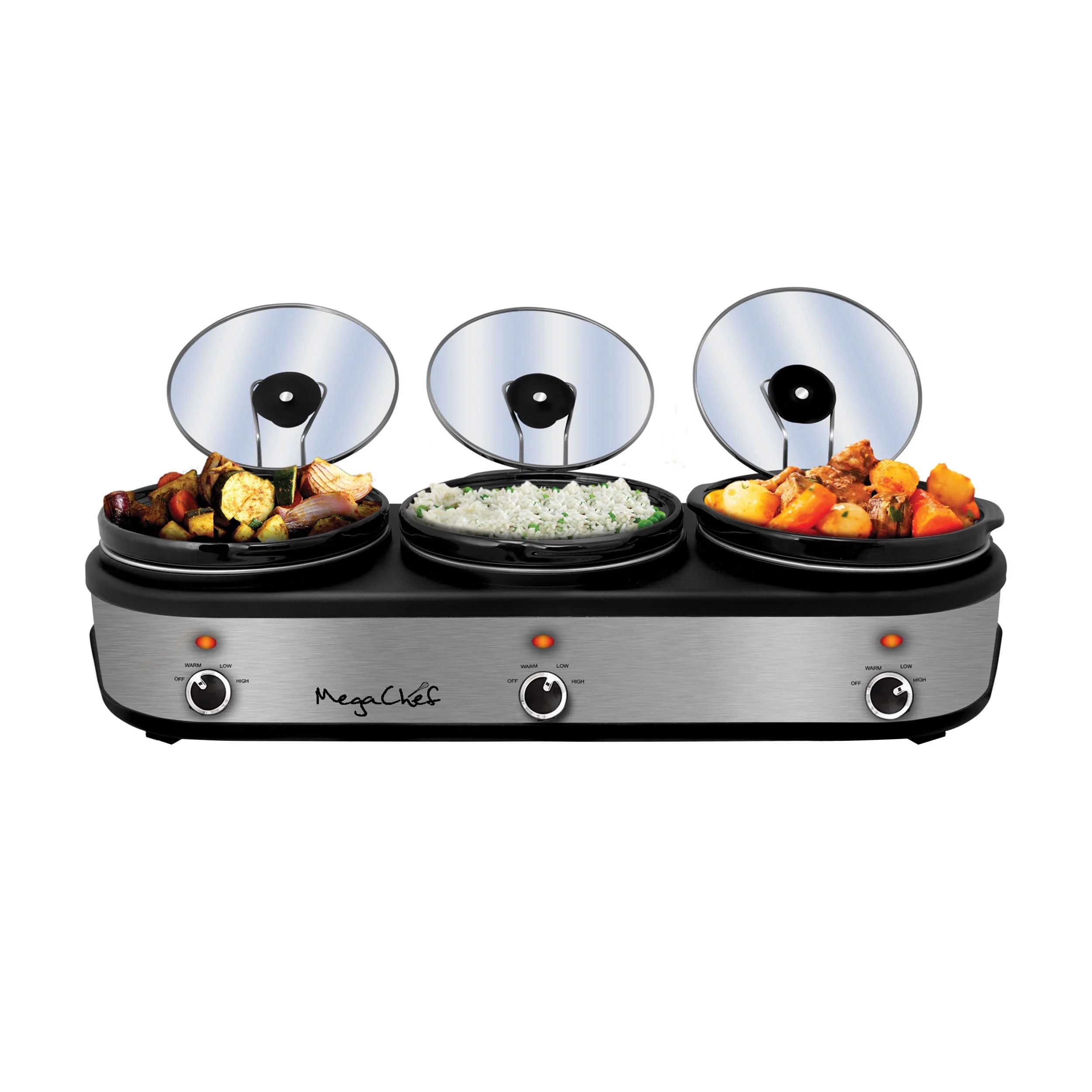 MegaChef Triple 2.5 Quart Slow Cooker and Buffet Server in Brushed Silver and Black Finish with 3... | Walmart (US)