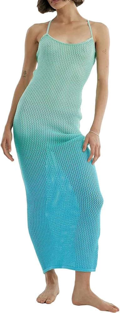 Owl's-Yard Women Crochet Knit Maxi Dress Y2k Backless Sheer Mesh Fishnet Long Dress Beachwear Bat... | Amazon (US)