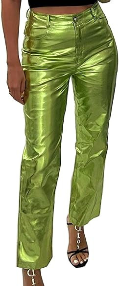 Cresay Women's Faux Leather Metallic High Waist Pants Straight Wide Leg Pants Punk Trousers | Amazon (US)