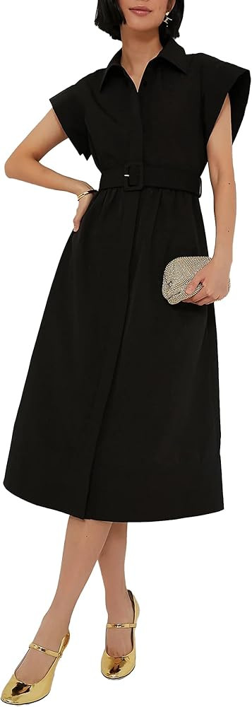Ladyful Women Casual Button Down Shirt Dress Short Wing Sleeve Buiness Midi Shirt Dress with Belt... | Amazon (US)