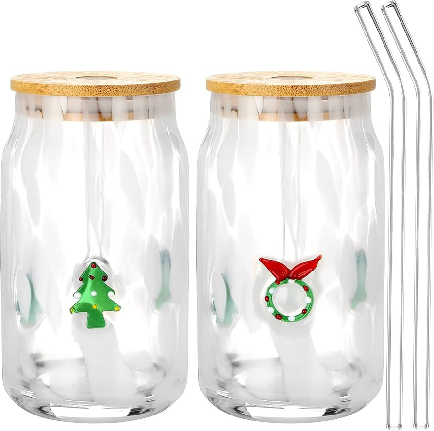 2 Pcs Christmas Icon Glass Cups 16.9 oz Tree Wreath Glass Cups with Lids and Straws Drinking Glas... | Amazon (US)