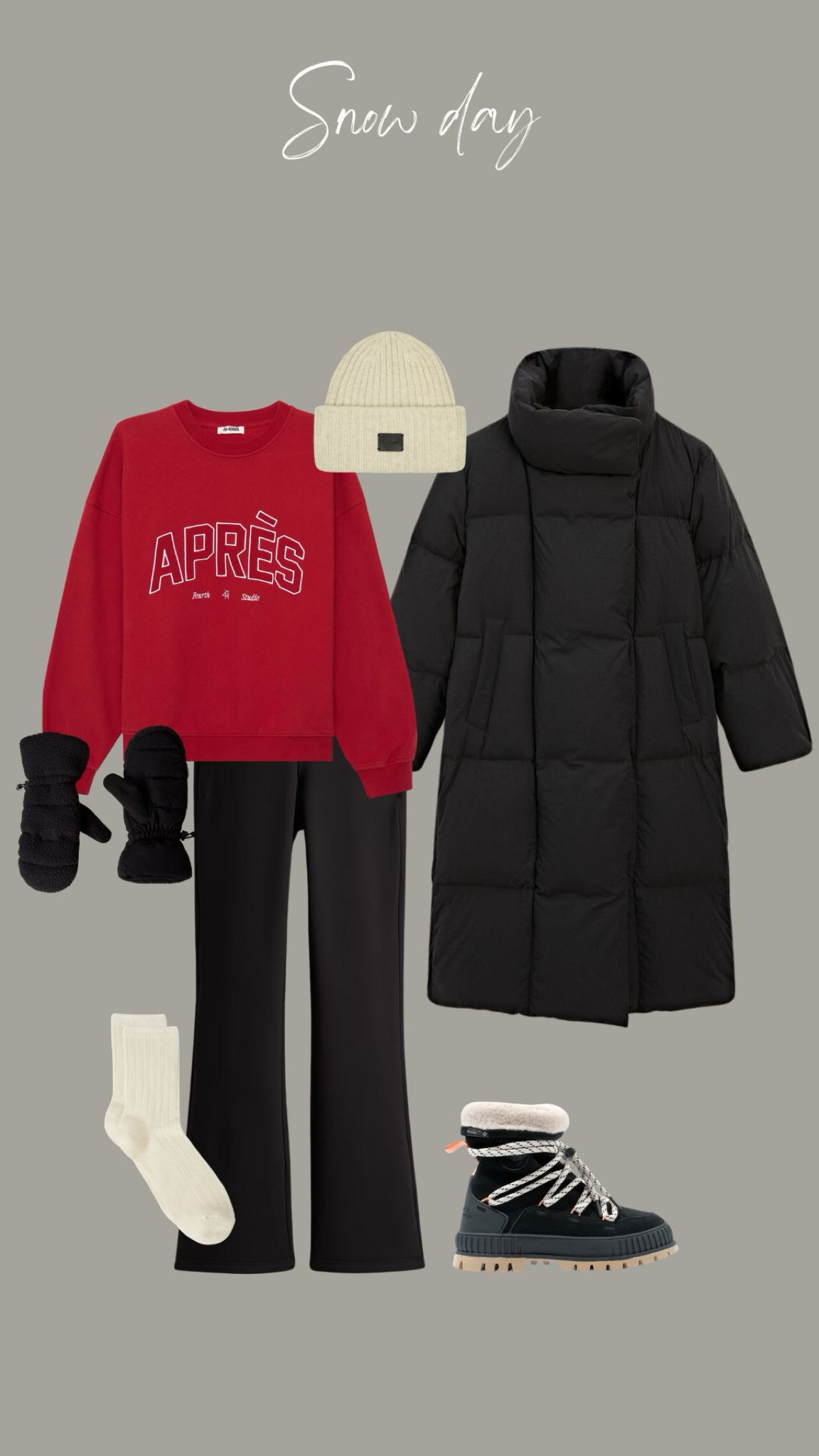 Snow day outfit inspiration 

Red sweatshirt, après ski, snow day, puffer coat, outfit inspiration, ski holiday, winter city break, snow boots, gloves, thermal trousers, hat, scarf 


#LTKeurope #LTKuk #LTKwinter