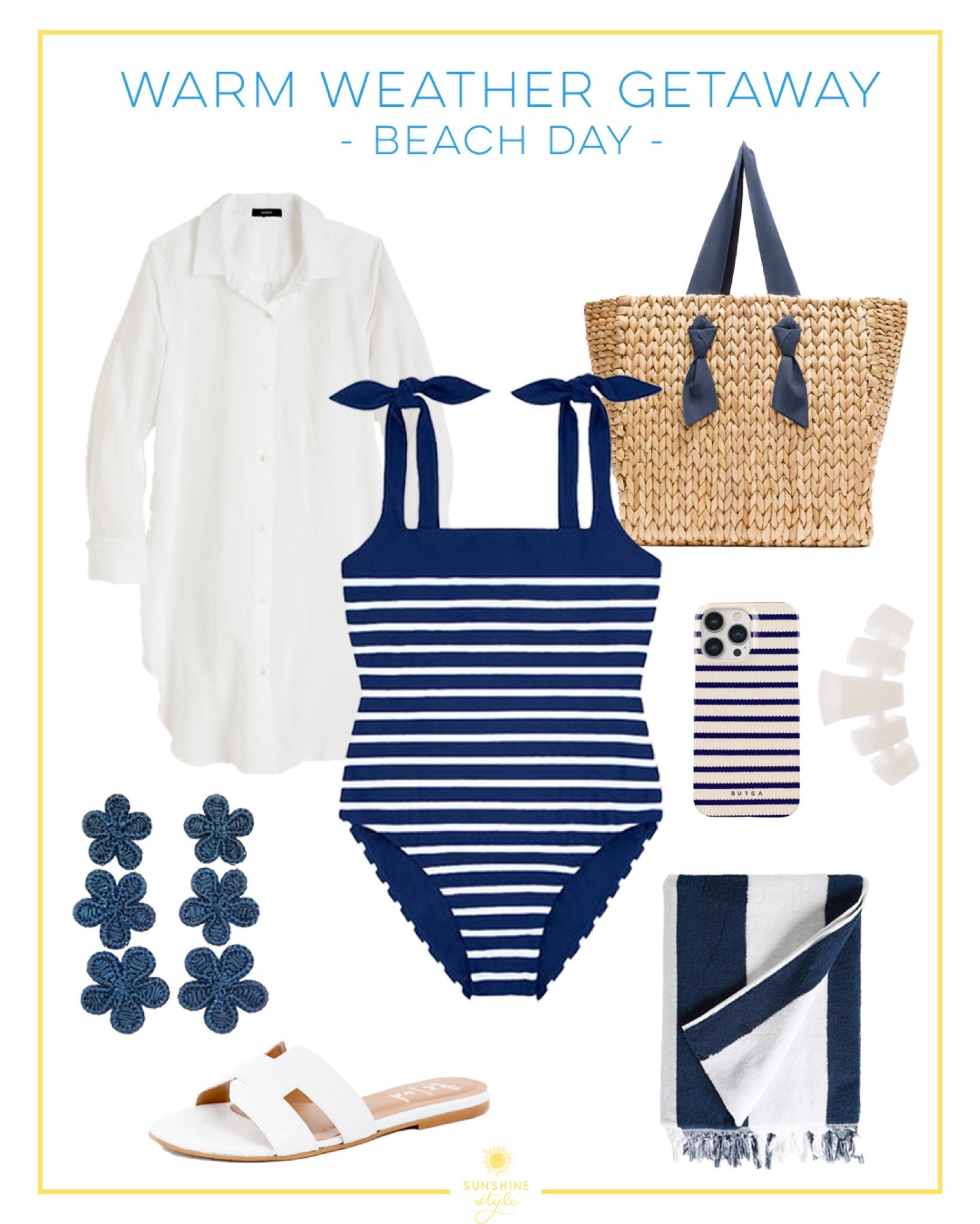 Vacation Outfit: Beach Day / Warm Weather Getaway / Resort Wear / Navy Striped Swimsuit / Linen Beach Cover Up / Straw Beach Bag / Beach Towel / beach outfit 

#LTKswim #LTKtravel
