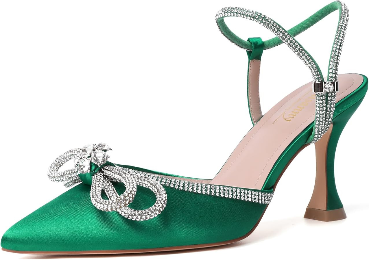 Susanny Women's Closed Toe Rhinstone Wedding Low Heel Slingback Clear Kitten Heels,Adjustable Str... | Amazon (US)