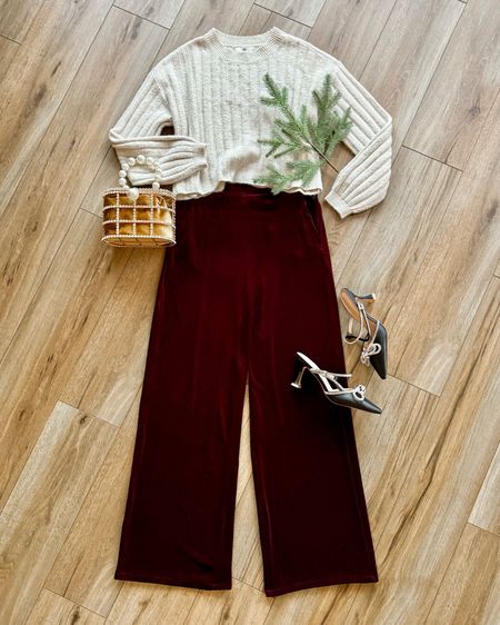Holiday outfit. Holiday party outfit. Christmas party outfit. Red velvet pants. Cream sweater. Black rhinestone heels.

#LTKSeasonal #LTKGiftGuide #LTKHoliday