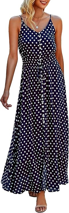 BTFBM Women Summer Spaghetti Strap V Neck Polka Dot Floral Print A-Line Button Down Casual Sleeve... | Amazon (US)