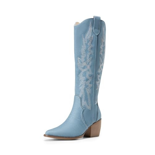 DREAM PAIRS Womens Cowboy Boots Wide Calf Comfortable Pull On Zipper Chunky Heel Pointed Toe Embroidered Western Cowgirl Knee High Boots Ladies Retro Tall Boot,Size 7.5,Denim Blue,SDKB224W | Amazon (US)