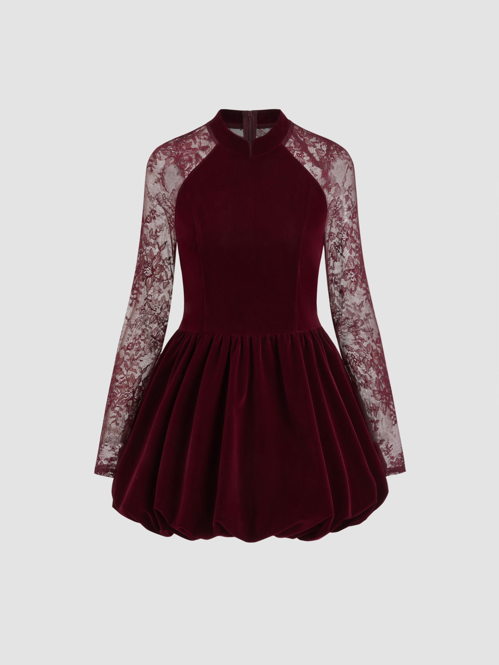 Velvet Velvet Mandarin Collar Bubble Hem Lace Mini Dress For Date | Cider