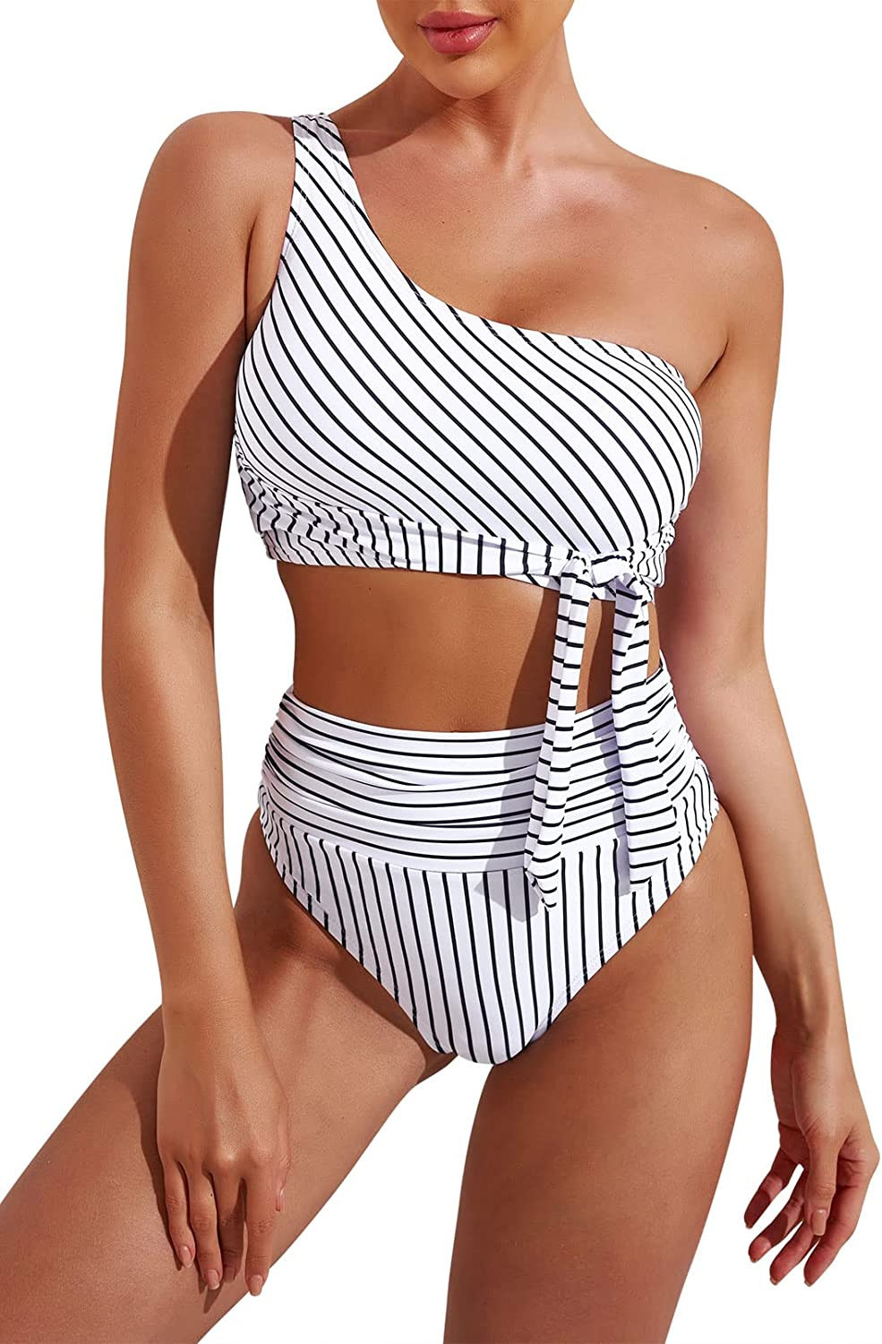 Pink Queen Women's One Shoulder High Waisted Bikini Set Striped Bikini Stripe Bikini Stripe Swimsuit | Amazon (US)