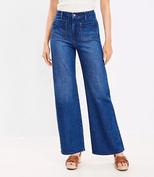Loft Petite Patch Pocket High Rise Wide Leg Jeans in Vintage Dark Wash | LOFT