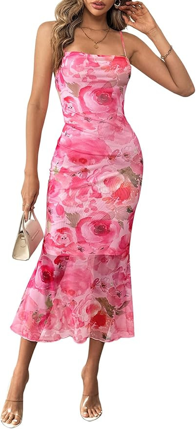GORGLITTER Women's Floral Wedding Guest Derby Midi Dress Cocktail Summer Boho Beach Going Out Fis... | Amazon (US)