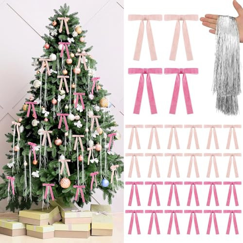 Shihanee Pink Christmas Tree Bows and Tinsel Icicles Decorations Set Includes 30 Pcs Pink Velvet Bows 3000 Strands Tinsel Icicles Xmas Ornaments for Tree Home Coquette Room Party Front Door Holiday | Amazon (US)