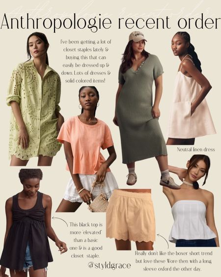 Anthropologie recent order 🤍 got everything in a small.

Summer dress, anthro finds, Anthropologie finds, white shirts, boxer shorts, summer outfit, neutral summer outfit, linen dress, white shirt outfit, black shirt outfit, Anthropologie shirt, Anthropologie dress, green dress, casual summer outfit, mom outfit, mama outfi, mom style 