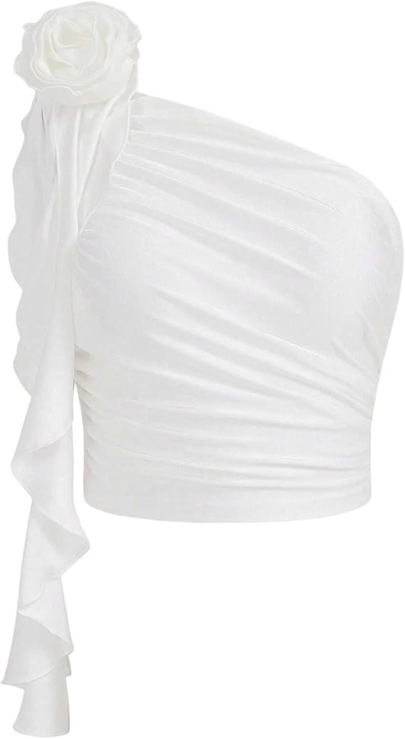 SAFRISIOR Women 3D Rosette Floral One Shoulder Crop Tops Y2K Sleeveless Ruched Ruffle Trim Crop T... | Amazon (US)