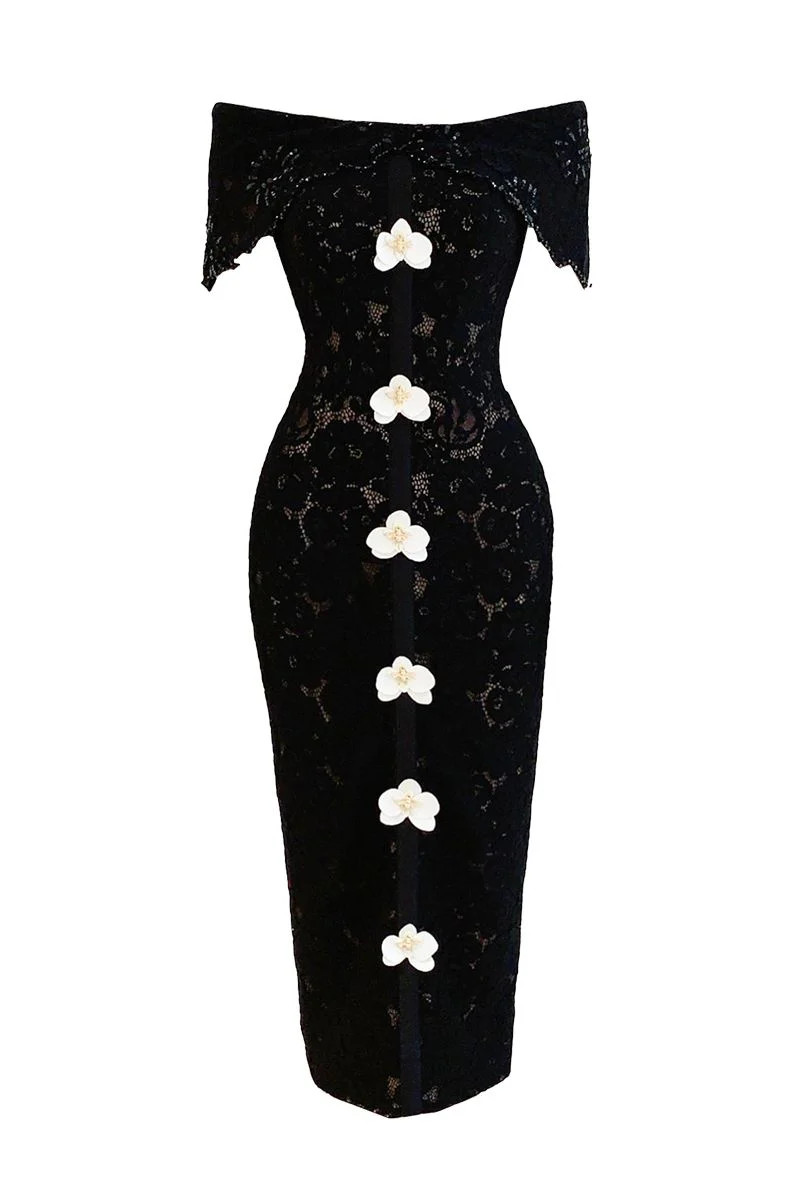 BLACK OFF-SHOULDER LACE MIDI DRESS | Do Long | CULT MIA | CULT MIA UK LTD